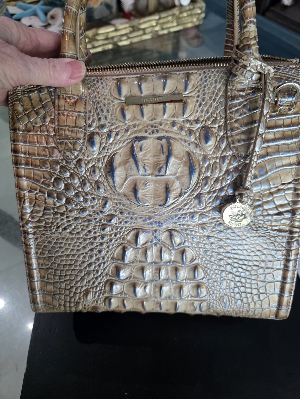 Brahmin Metallic Taupe Croc-Embossed Caroline